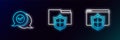Set line Browser with shield, Check mark in speech bubble and Document folder protection icon. Glowing neon. Vector Royalty Free Stock Photo