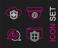 Set line Browser with shield, Exclamation mark in triangle, Security camera and Cloud and icon. Vector