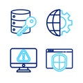 Set line Browser with shield, Monitor exclamation mark, Globe of the Earth and gear and Server security key icon. Vector Royalty Free Stock Photo