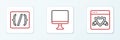 Set line Browser with shield, Programming language syntax and Computer monitor screen icon. Vector Royalty Free Stock Photo