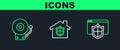 Set line Browser with shield, Ringing alarm bell and House under protection icon. Vector