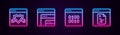 Set line Browser with shield, Software, Binary code and . Glowing neon icon. Vector