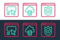 Set line Browser with shield, UI or UX design and Cloud technology data transfer icon. Vector Royalty Free Stock Photo