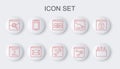 Set line Browser window, Online shopping on screen, Website with stocks market, Mobile phone, and mail and setting icon