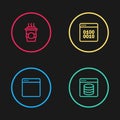 Set line Browser window, Server, Data, Web Hosting, Binary code and Coffee cup to go icon. Vector Royalty Free Stock Photo