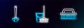 Set line Brush for cleaning, Toilet brush and Mop and bucket icon. Glowing neon. Vector Royalty Free Stock Photo