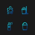 Set line Bucket, Air freshener spray bottle, Bar of soap and Mop and bucket. Gradient color icons. Vector