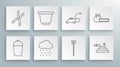 Set line Bucket, Flower pot, Cloud with rain, Garden pitchfork, hose fire hose, Lawn mower, Chainsaw and Gardening Royalty Free Stock Photo