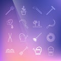 Set line Bucket, Garden hose or fire hose, Sickle, saw, Watering can, pitchfork and Planting tree the ground icon Royalty Free Stock Photo