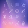 Set line Bucket, Garden pitchfork, Watering can, fence, shovel, trowel spade and hose fire hose icon. Vector Royalty Free Stock Photo