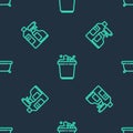 Set line Bucket with soap suds, Bottles for cleaning agent and Bathtub on seamless pattern. Vector Royalty Free Stock Photo