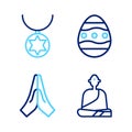 Set line Buddhist monk, Hands in praying position, Easter egg and Star of David necklace chain icon. Vector Royalty Free Stock Photo