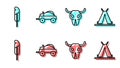 Set line Buffalo skull, Feather pen, Wild west covered wagon and Indian teepee or wigwam icon. Vector