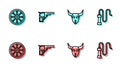 Set line Buffalo skull, Old wooden wheel, Revolver gun and Leather whip icon. Vector