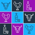 Set line Buffalo skull, Whiskey bottle and glass and Wild west saddle icon. Vector