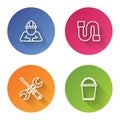 Set line Builder, Industry pipe, Screwdriver and wrench and Bucket. Color circle button. Vector