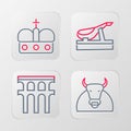 Set line Bull, Aqueduct of Segovia, Spanish jamon and Crown spain icon. Vector