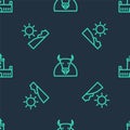 Set line Bull, Beach and Montjuic castle on seamless pattern. Vector