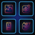 Set line Bull and bear of stock market, Mobile with dollar, Browser growth graph and trading. Gradient color icons