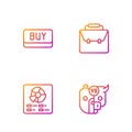 Set line Bull and bear of stock market, Pie chart infographic, Buy button and Briefcase. Gradient color icons. Vector