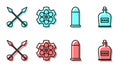 Set line Bullet, Crossed arrows, Revolver cylinder and Alcohol drink Rum bottle icon. Vector