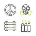 Set line Bullet, Military ammunition box, Gas mask and Peace icon. Vector