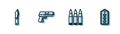 Set line Bullet, Military knife, Pistol or gun and rank icon. Vector