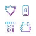 Set line Bulletproof vest, Password protection, Shield and Mobile with closed padlock. Gradient color icons. Vector