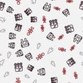 Set line Bulletproof vest, Quiver with arrows, Tree and Dead fish on seamless pattern. Vector