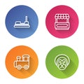 Set line Bumper car, Fast street food cart, Toy train and Wild lion. Color circle button. Vector Royalty Free Stock Photo