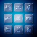 Set line Bunk bed, Table lamp, Nightstand with, Mirror, Sofa, Armchair and Office desk icon. Vector Royalty Free Stock Photo