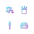 Set line Burger, Corn dog, Candy and Chicken leg in package box. Gradient color icons. Vector