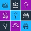 Set line Burger, Cotton candy and Fast street food cart icon. Vector