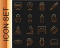 Set line Burger, Grilled pork bbq ribs, Steak meat, Salt, Pepper, Kitchen apron, Barbecue and Sauce bottle icon. Vector