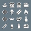 Set line Burger, Ketchup bottle, Fire flame, Barbecue shopping building, grill, Hotdog sandwich and icon. Vector