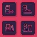 Set line Burger, Monitor with keyboard, Slippers socks and Chess. Blue square button. Vector