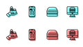 Set line Burger, Online ordering and delivery, and icon. Vector