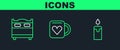Set line Burning candle, Bedroom and Coffee cup heart icon. Vector