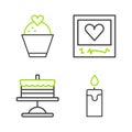 Set line Burning candle, Cake on plate, Photo frames hearts and Wedding cake with icon. Vector