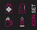 Set line Burning candle in candlestick, Coffee cup, Christmas mitten and paper shopping bag icon. Vector