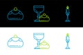 Set line Burning candle in candlestick, Jewish sweet bakery and goblet hanukkah sufganiyot icon. Vector