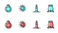 Set line Burning candle in candlestick, Magic stone ring with gem, and Witch cauldron icon. Vector Royalty Free Stock Photo