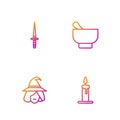 Set line Burning candle in candlestick, Witch, Dagger and Magic mortar pestle. Gradient color icons. Vector