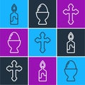 Set line Burning candle, Christian cross and Easter egg on a stand icon. Vector