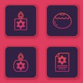 Set line Burning candle, , Jewish sweet bakery and Torah scroll. Blue square button. Vector