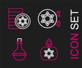 Set line Burning candle, Jewish wine bottle, synagogue and coin icon. Vector
