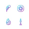 Set line Burning candle, Magic stone, Feather pen and Tarot cards. Gradient color icons. Vector Royalty Free Stock Photo