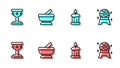 Set line Burning candle, Medieval goblet, Mortar pestle and Magic ball icon. Vector