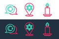 Set line Burning candle, Star crescent and of David icon. Vector