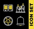 Set line Burning candles, Church bell, Pentagram circle and The commandments icon. Vector Royalty Free Stock Photo